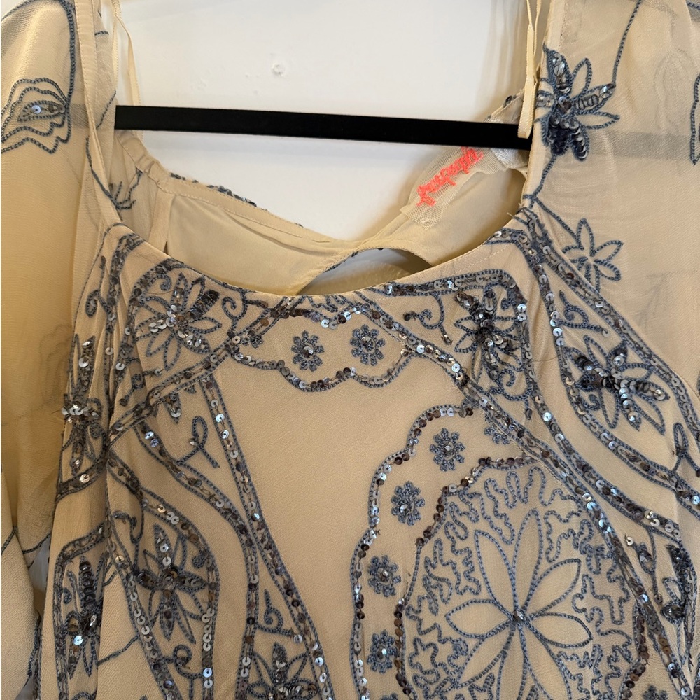 Free People Nude Dress with Navy Beaded Embroidery - Picture 3 of 9